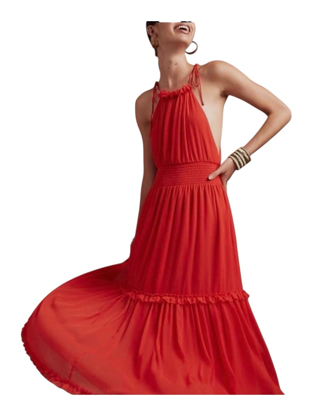 Banana Republic Vibrant Red Adjustable Tie Straps Smocked Halter Maxi Dress NWT